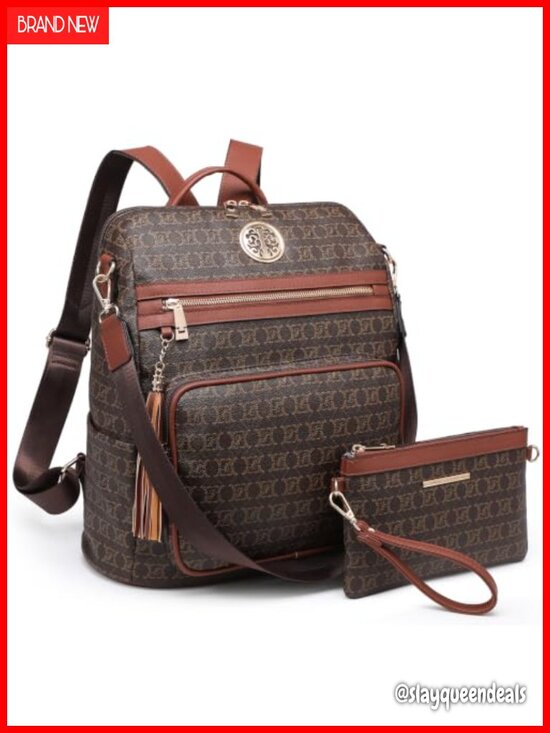 Convertible Faux Leather Laptop Backpack Purse with Wristlet, Adjustable